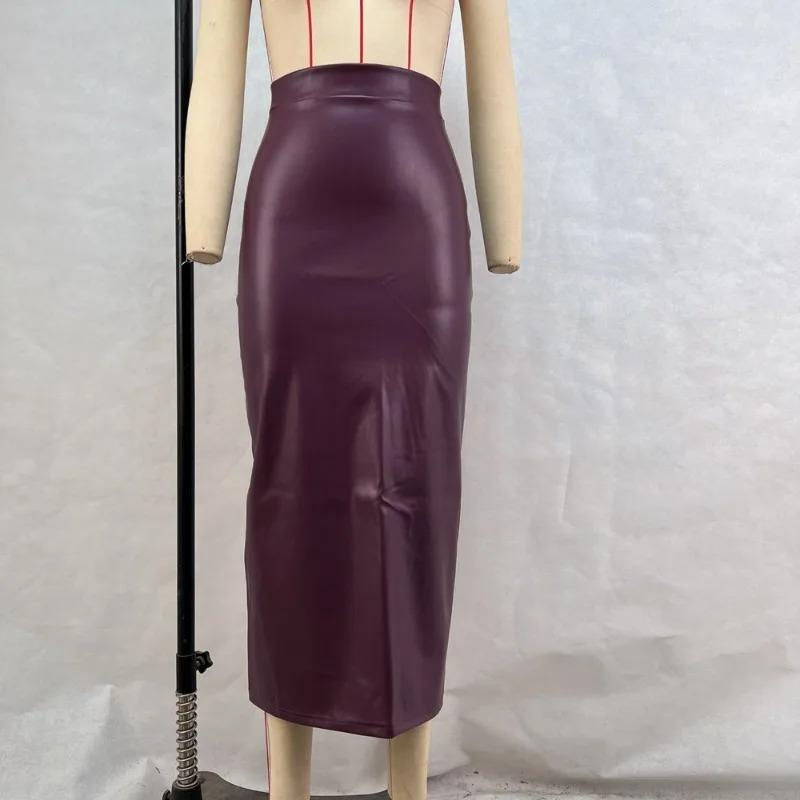 Falda elegante color burdeos para mujer, faldas largas ajustadas de cintura alta con abertura a la moda, faldas sexis de PU vintage para fiestas y clubes 2024