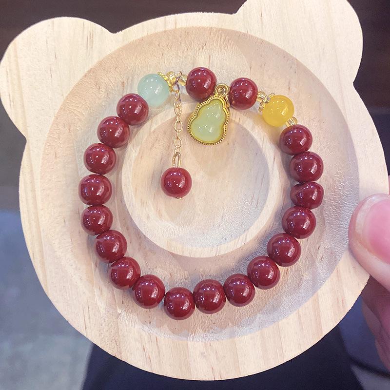 Imitation Cinnabar Beaded Bracelet with Four-Leaf Clover Charm - Ladies Night Market Jewelry