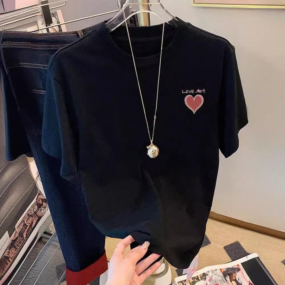 2025 spring and summer new white cotton short-sleeved t-shirt women's loose versatile round neck age-reducing cartoon printed top