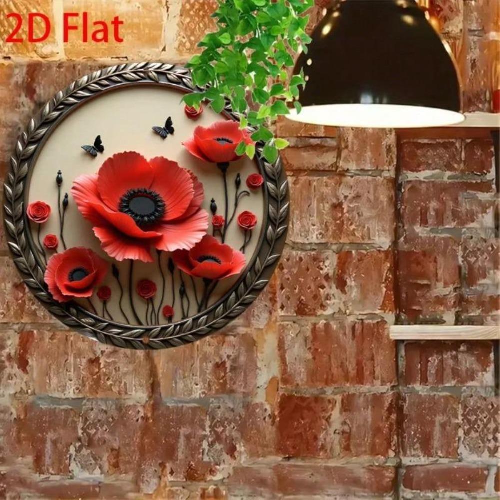 Vintage Cartoon Metal Tin Sign Wall Decor Red Poppies Black Butterflies Round Aluminum Plaque