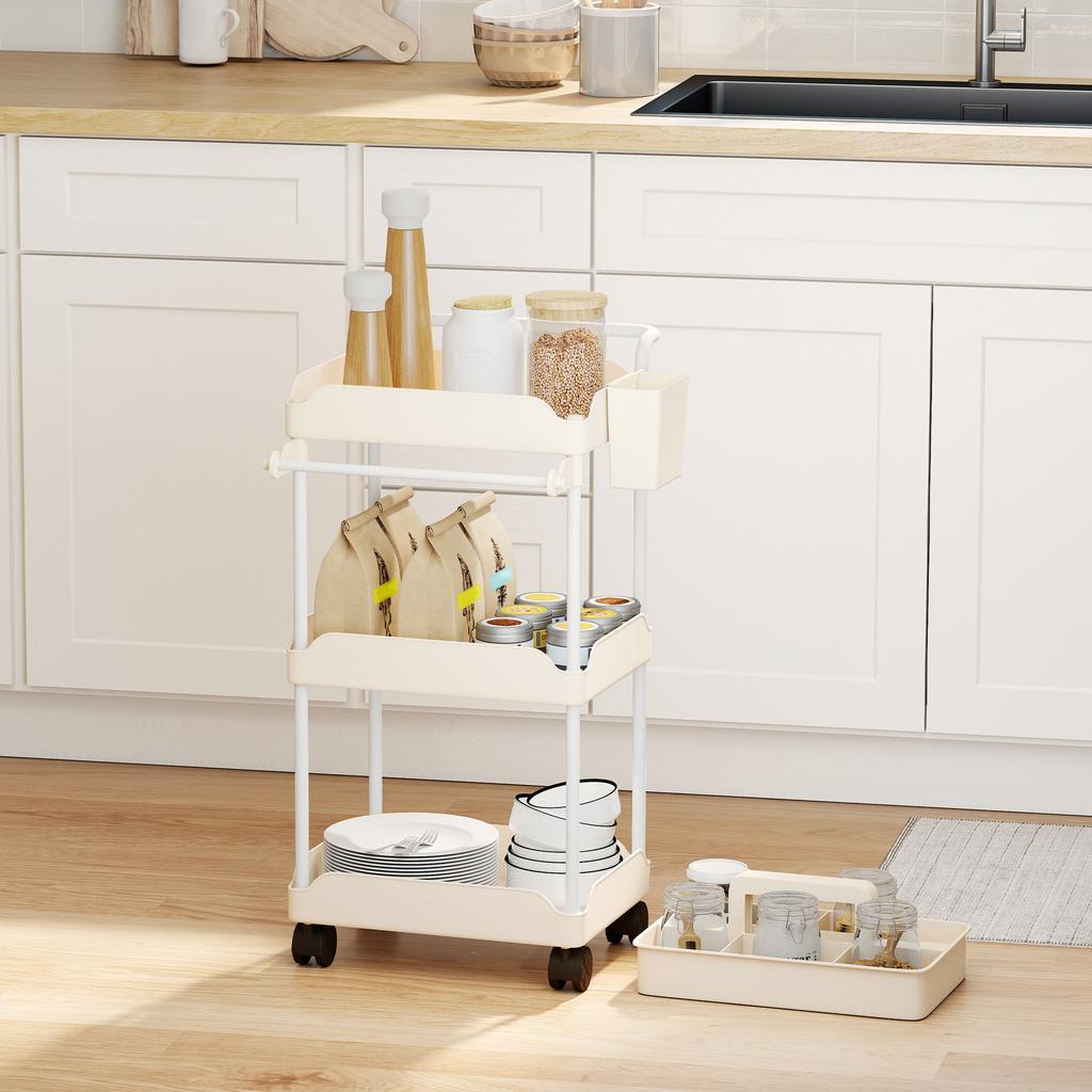 Storage Cart, 3 Baskets, Towel Rail, Wheels, Handle, Metal Frame, White