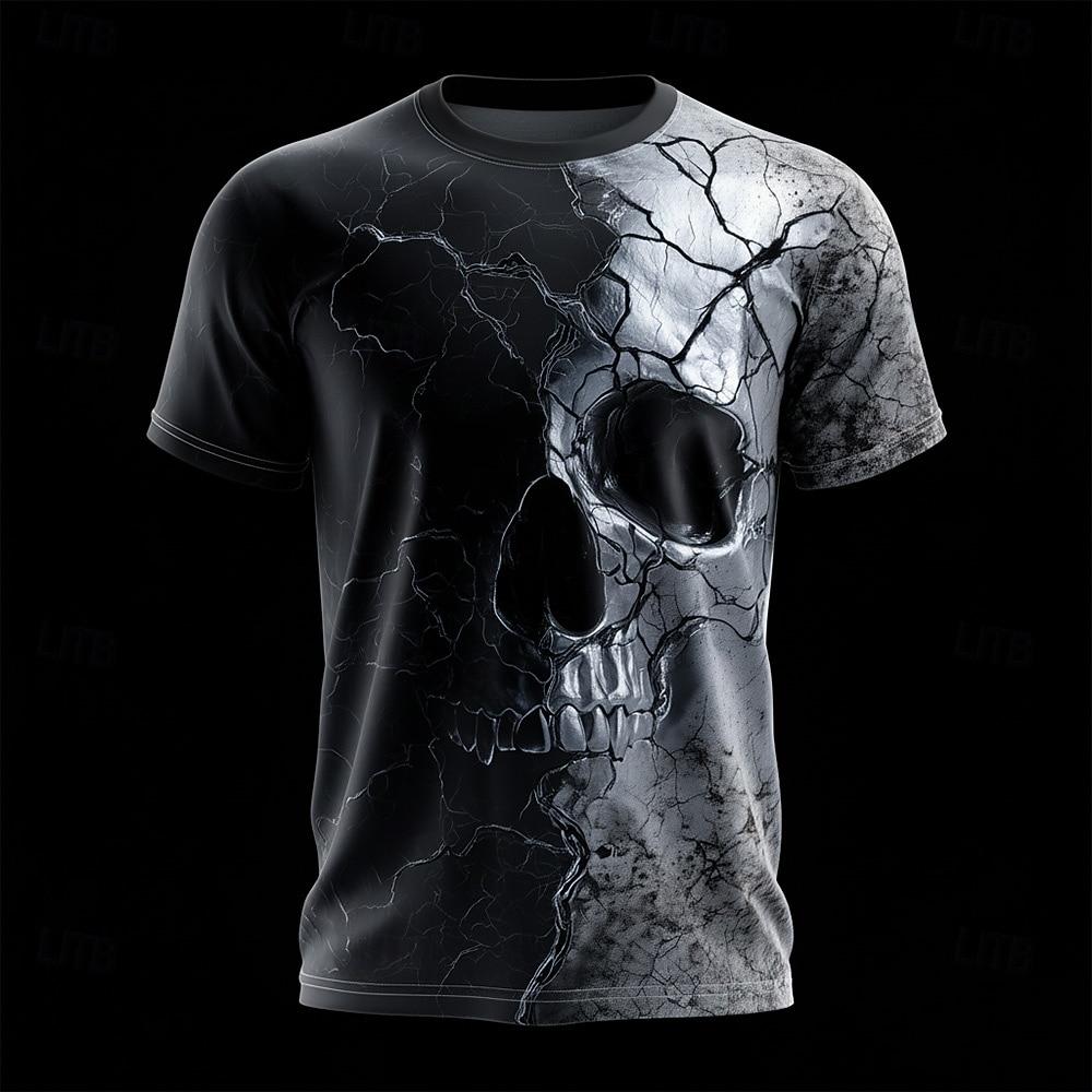 

Men s Skull Optical Illusion 3D T Shirt Short Sleeve T shirt 3D Print Crew Neck Shirt Exaggerated Designer Daily Club Party Silver Dark Gray Gray XL