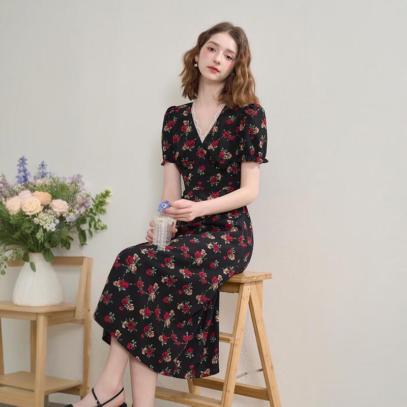 Xiyu Women's 2025 Autumn French Rose Floral Lace Trim V-Neck Midi Dress