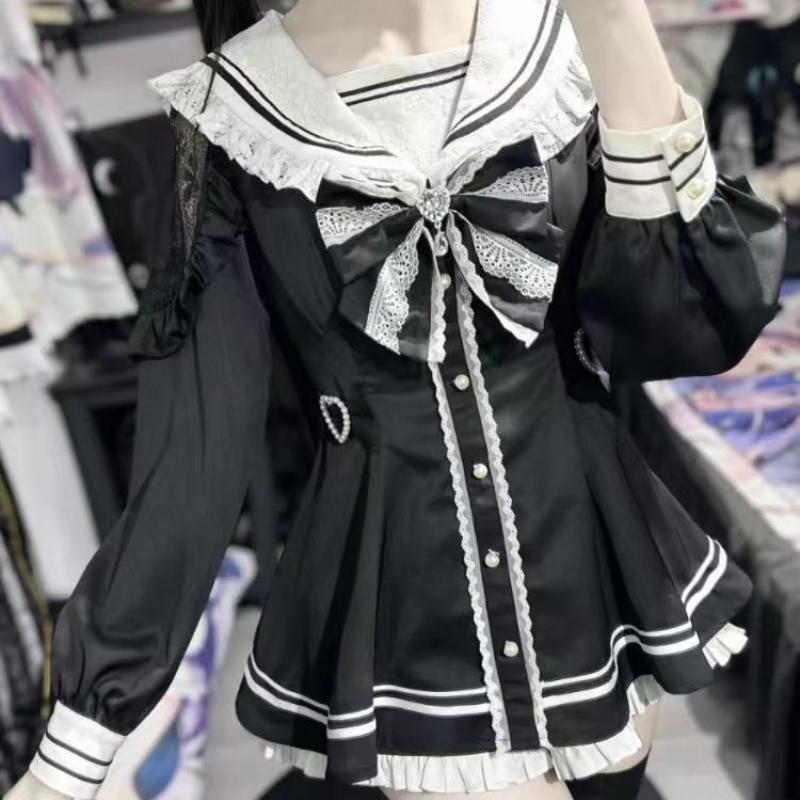 Women Vintage Sweet Long Sleeve Button Shirt Party Dresses Slim Mini Dress Japanese Style Gothic Y2k Lolita Bow Dress Shorts Set