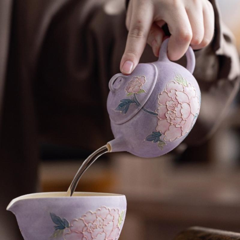 New Chinese Style Ceramic Teapot Hand Painted Peony Relief Kungfu Tea Set Porcelain Pot for Women Home Use Brewing Gift Idea