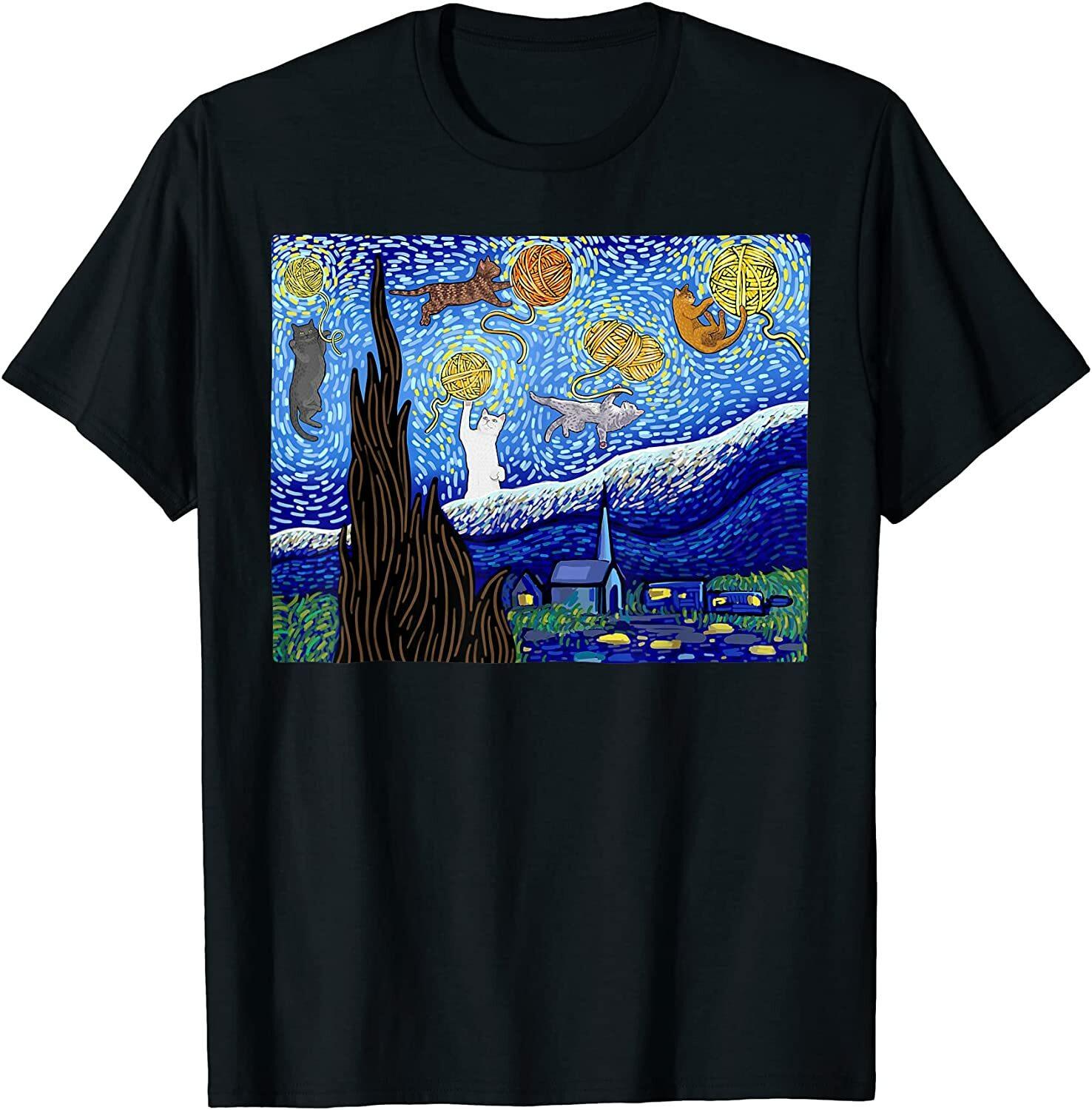 NEW LIMITED Cat Starry Night Cat Gogh Cat Cute Gift Parody T-Shirt - MADE IN USA S разноцветный