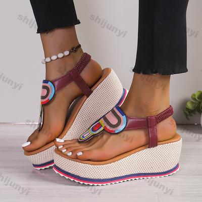 Plateau Keil Zehentrenner für Damen 2025 Sommer Neu Böhmische Dicke Sohle Leichtgewicht Mädchen Strand Hausschuhe Slipper Keil Sandalen