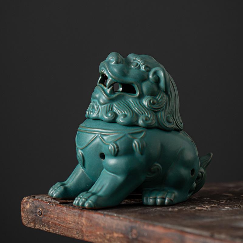 Ceramic Suanni Beast Coil Incense Burner with Lid - Antique Style Ornament for Home