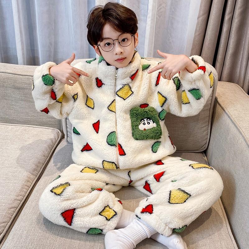 Boys Winter Warm Fleece Pajama Set With Zipper Collar Cartoon Print Long Sleeve Sleepwear Ages 8-14