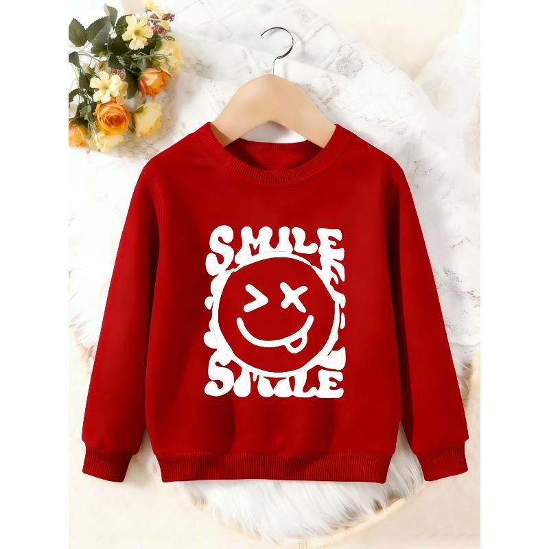 Unisex Kids Crewneck Sweatshirt, White Drip Smile Letter Funny Face Print Pullover, Boys Girls Streetwear Sweatshirt For Kids Over 4 Years Old