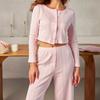 Women Long Sleeve Long Pants Hollow Out Jacquard Home Wear Pajama Set