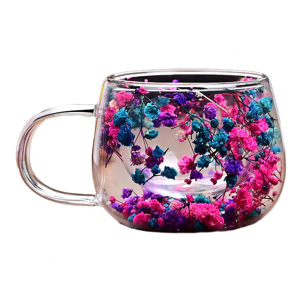 Double Wall Glass Coffee Mugs Set of 4 High Borosilicate Insulated Cups with Colorful Petal Design for Tea