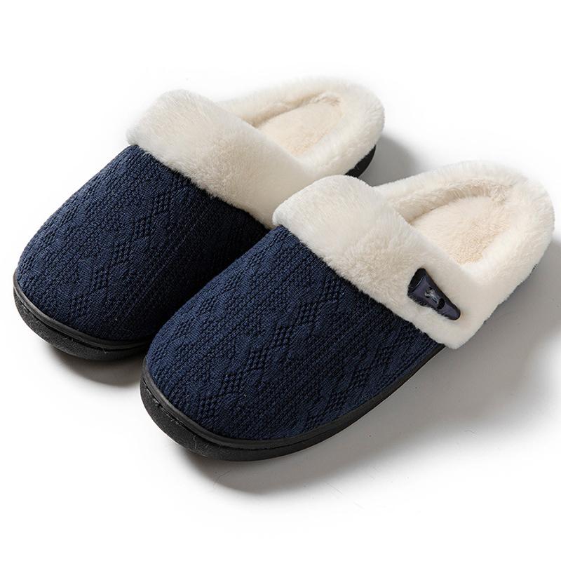 Fashion Knitted Mesh Cotton Slippers for Women Winter Round Toe Flat Heel Fur Slides Woman Faux Fur Warm House Cotton Slippers Mujer