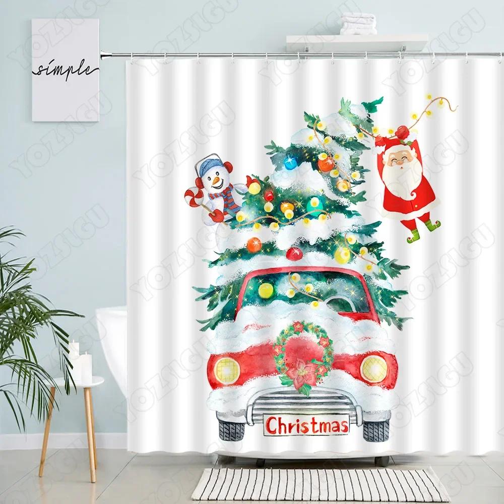 Julduschdraperi Rolig Jultomte Julgran Granris Röd Bär Fåglar Nyår Tyg Badrumsinredning Duschdraperi S