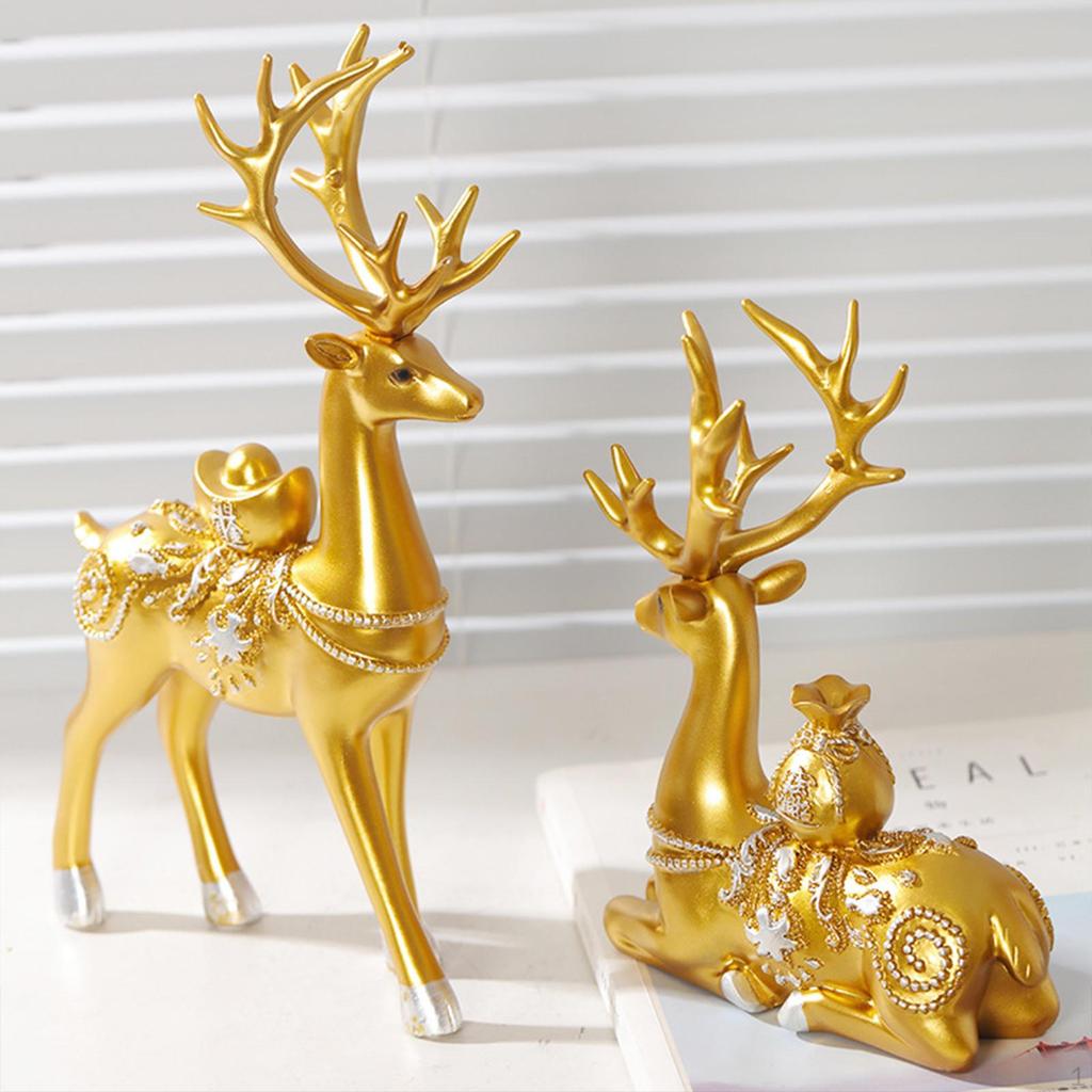 2 Pieces Deer Figurines Desktop Decoration Home Decor Artwork Delicate Animal Sculpture Golden Resin