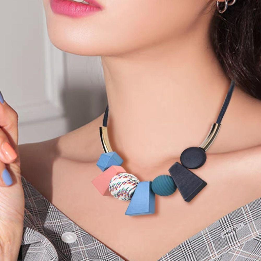 Colorful Wood Necklace Trapezoid Ethnic Style Necklace Elegant Simple Geometric Necklace Women