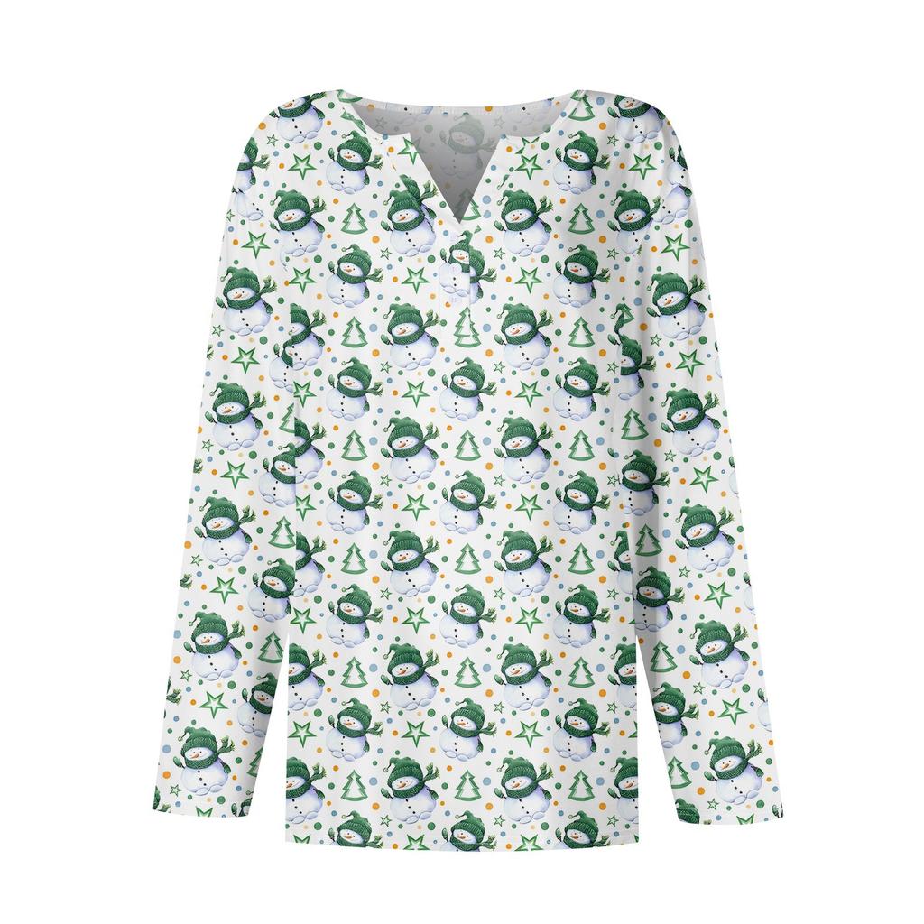 Damen T-Shirt mit Weihnachtsdruck, Knopfleiste, lange Ärmel, für den Alltag, Wochenende, modisch, Basic, V-Ausschnitt, normales Oberteil