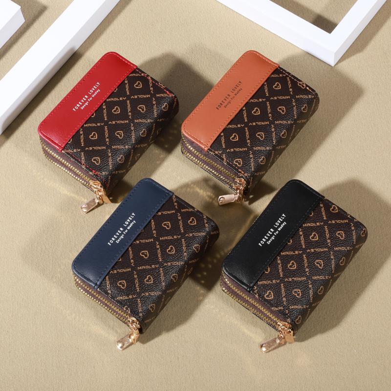 Women's Short Wallet Fashionable Double Zipper Color Blocking Coin Purse Clutch Bag Multi Slot Large Capacity Card Pack Double Layered Women's Bag