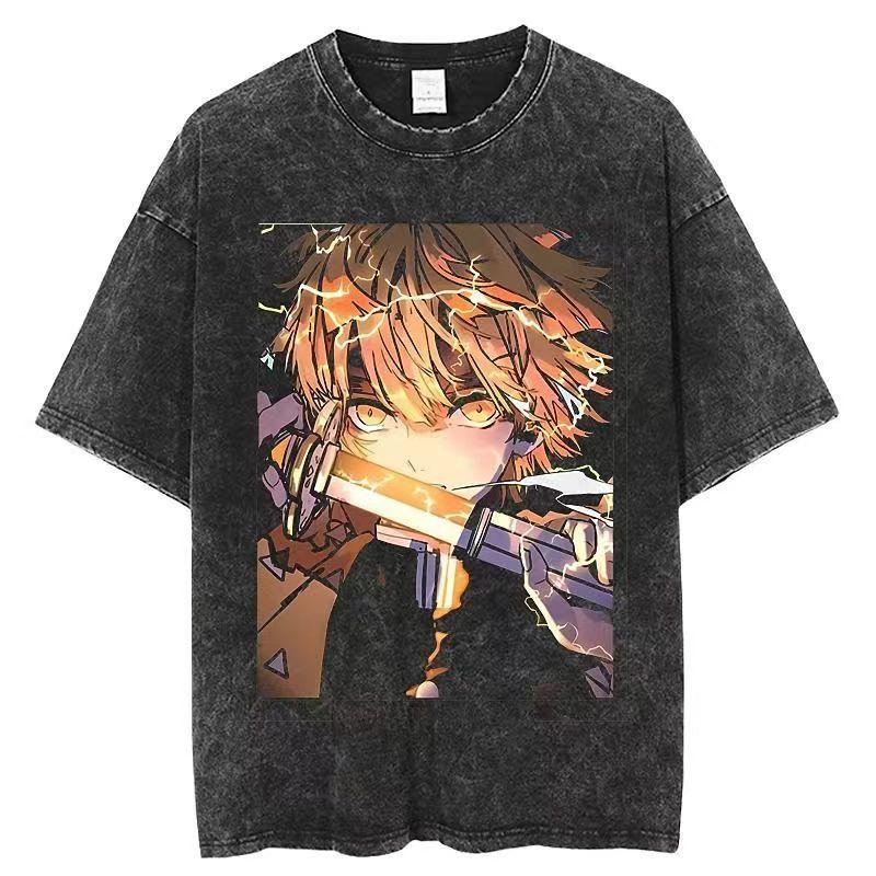 Anime Demon Slayer Agatsuma Zenitsu Graphic T Shirt Men Manga Vintage Tshirts Washed Cotton T-shirt Harajuku Male T-Shirt