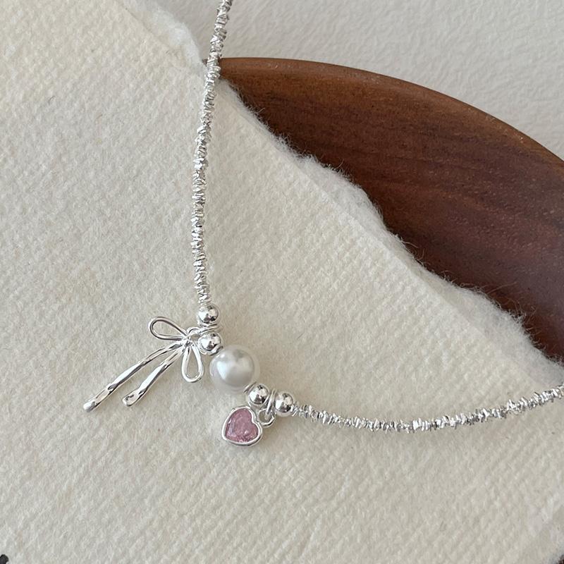 Hot Selling 925 Sterling Silver Fine Jewelry Heart Pink Zircon Shell Pearl Bowknot Bracelet for Women Girls
