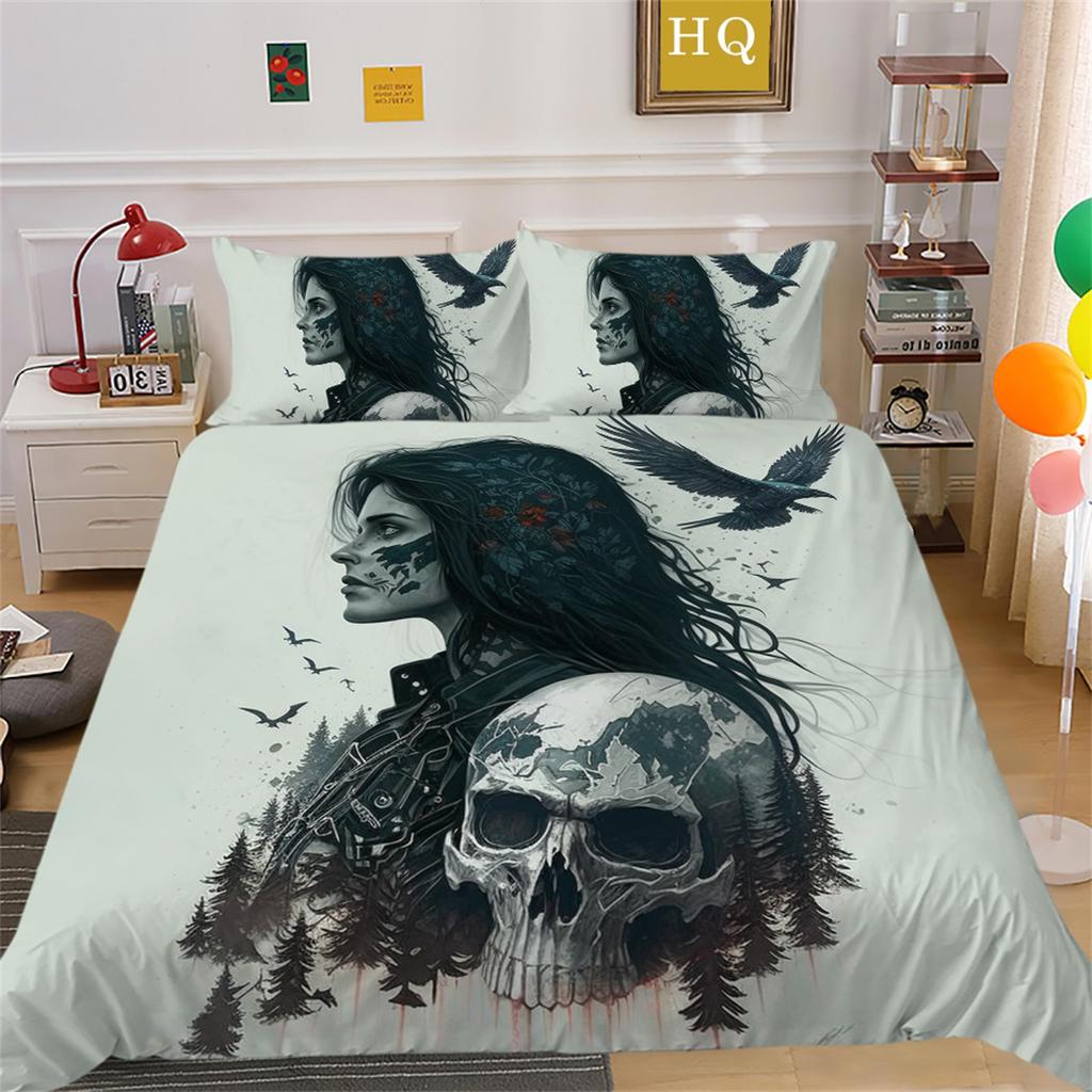 3D Beauty Skull Head Bedding Set Beauty Skull Head Motorcycle Pattern Quilt Cover Pillow Case 2/3 Pieces Microfiber Fabric Full Size Home Decoration