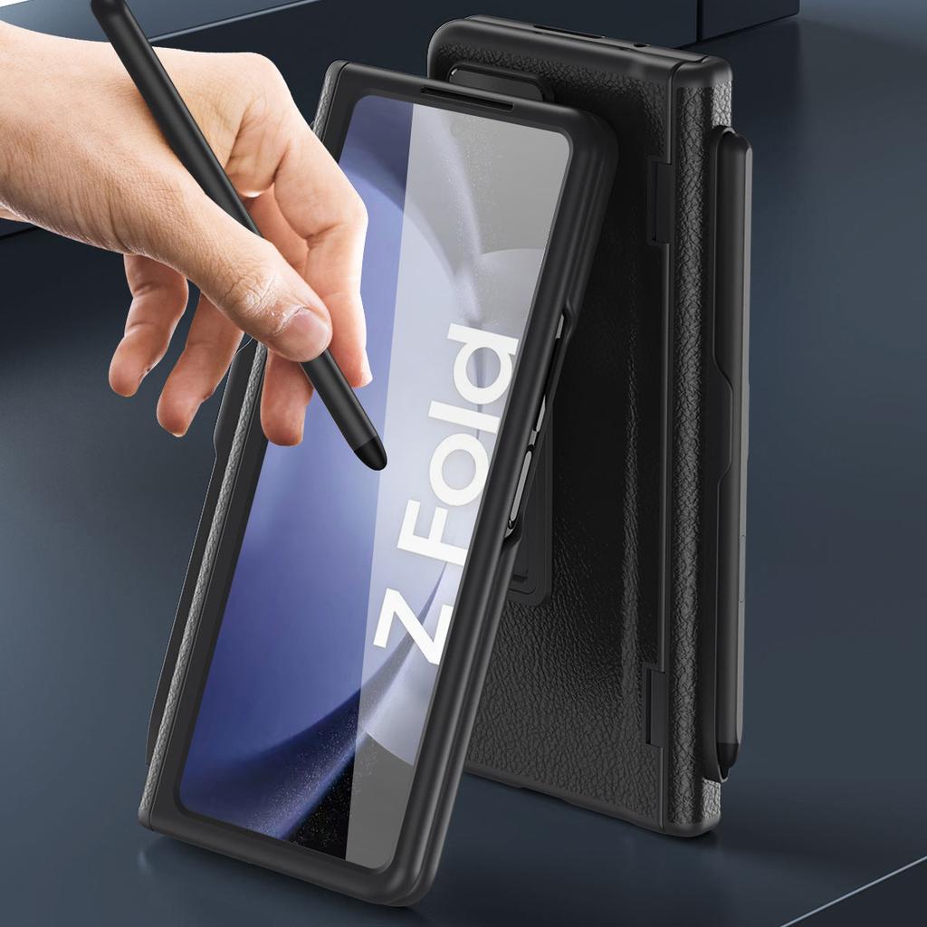 Für Samsung Galaxy Z Fold6 5G Ständerhülle Leder+PC Handyhülle mit Stift und gehärteter Glasfolie