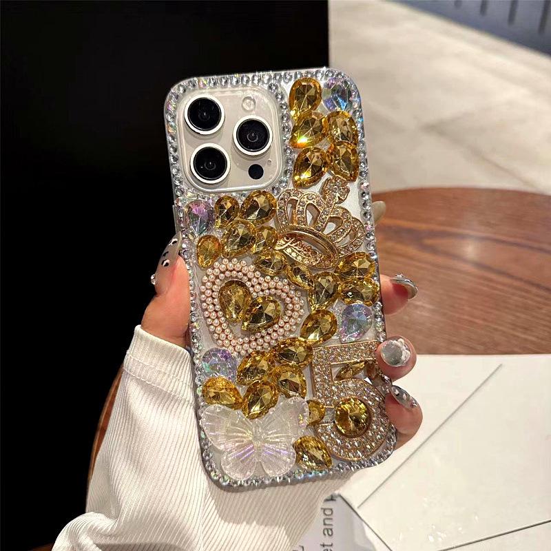 

Metal Crown Heart iPhone 16/17 Pro Max Case with Colorful Diamonds and Butterfly Design iPhone 16 Pro