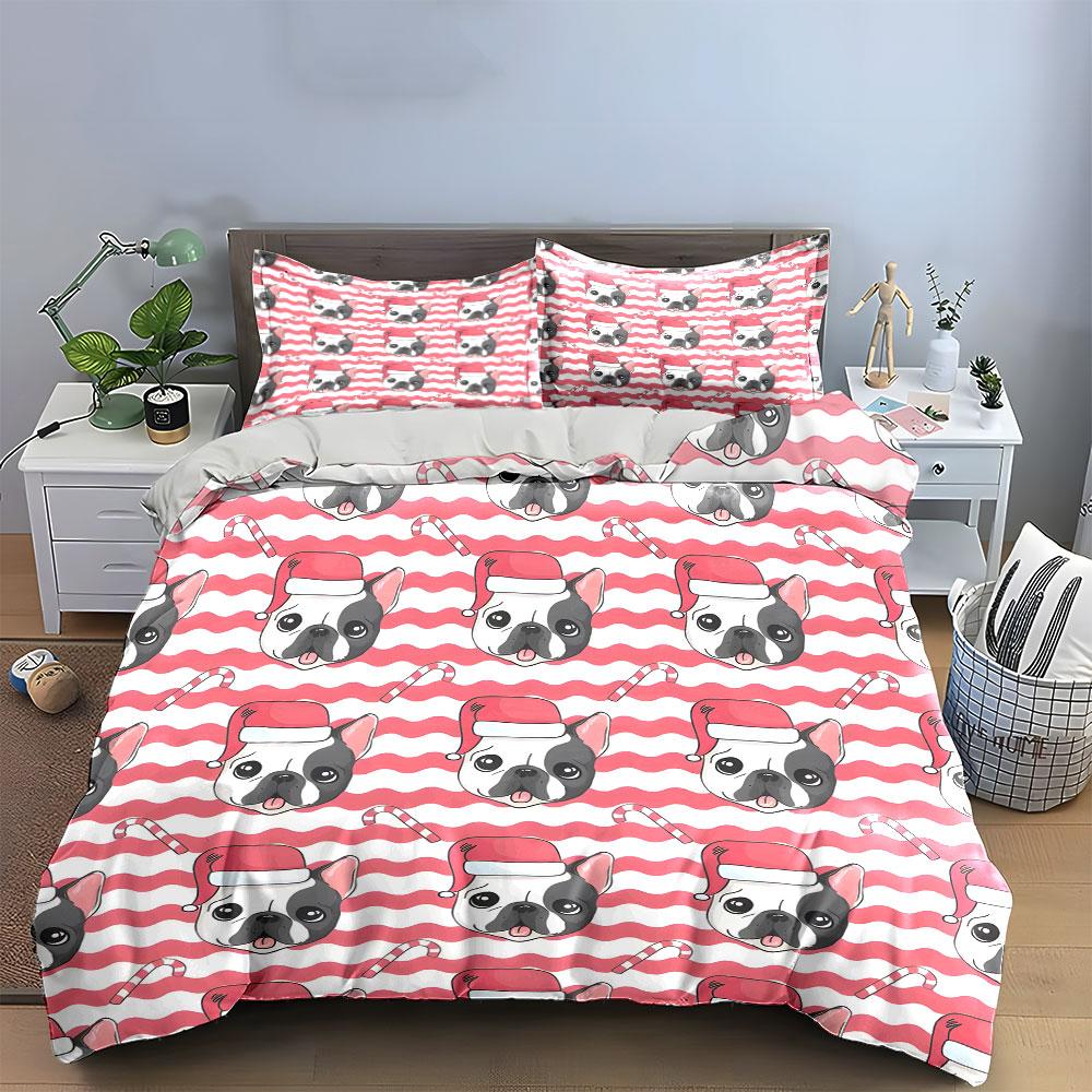 French Bulldog Santa Pattern Bedding Duvet Cover Set (1*Duvet Cover 2*Pillowcases, without duvet insert)