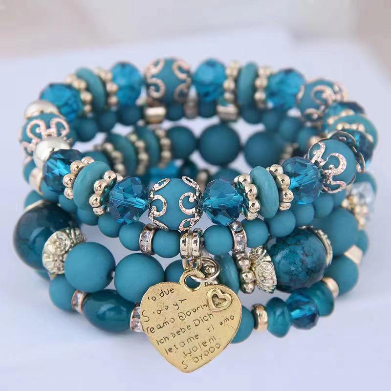 Bohemian Multilayer Elastic Rope Bracelet with Alloy Heart Pendant