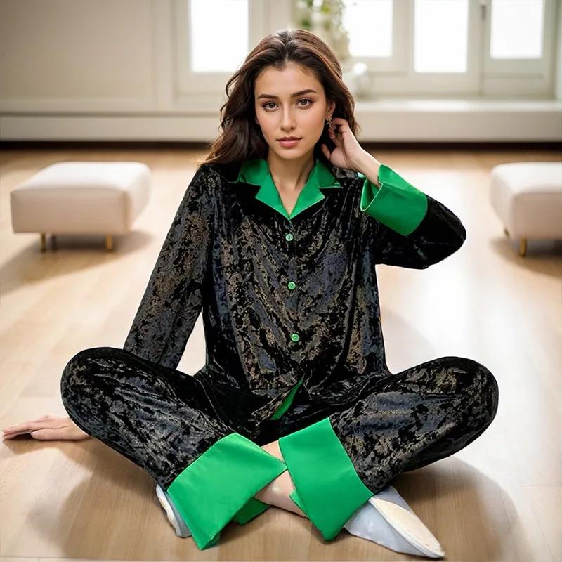 Damen Samt Pyjama, Herbst- und Winter Samt Pyjama, Hosen Set, Zweiteilige Freizeit-Homewear, Homewear