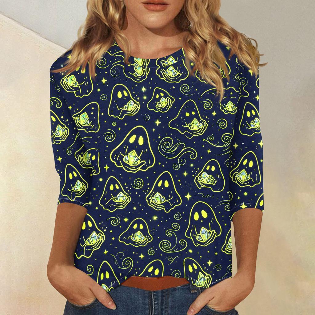 Women’s Casual Three Quarter Sleeve Halloween Print Crew Neck Top with Relaxed Fit for Seasonal Wear and Everyday Outfits