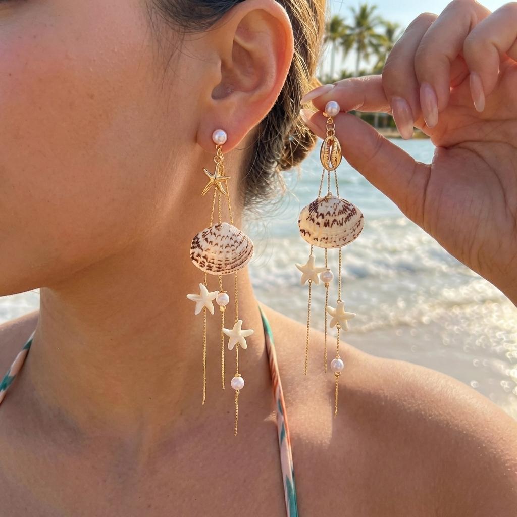 

Bohemian Beach Starfish Shell Drop Earrings for Women Summer Pearl Long Tassel Dangle Earring Girls Mermaidcore Vacation Zircon