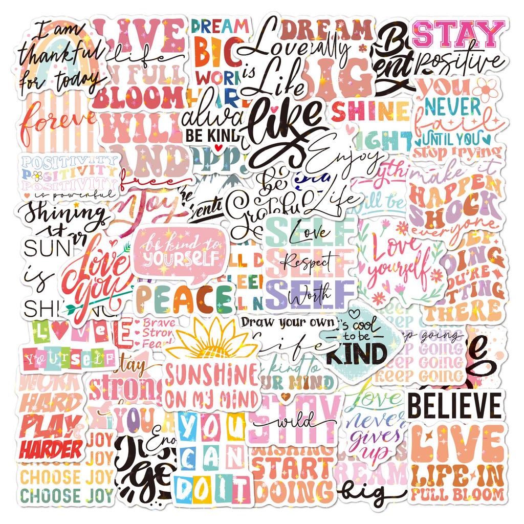 English Inspirational Stickers 50 Holographic Laser Shiny Water Cup Computer Kindle Decoration DIY Inspirational Stickers