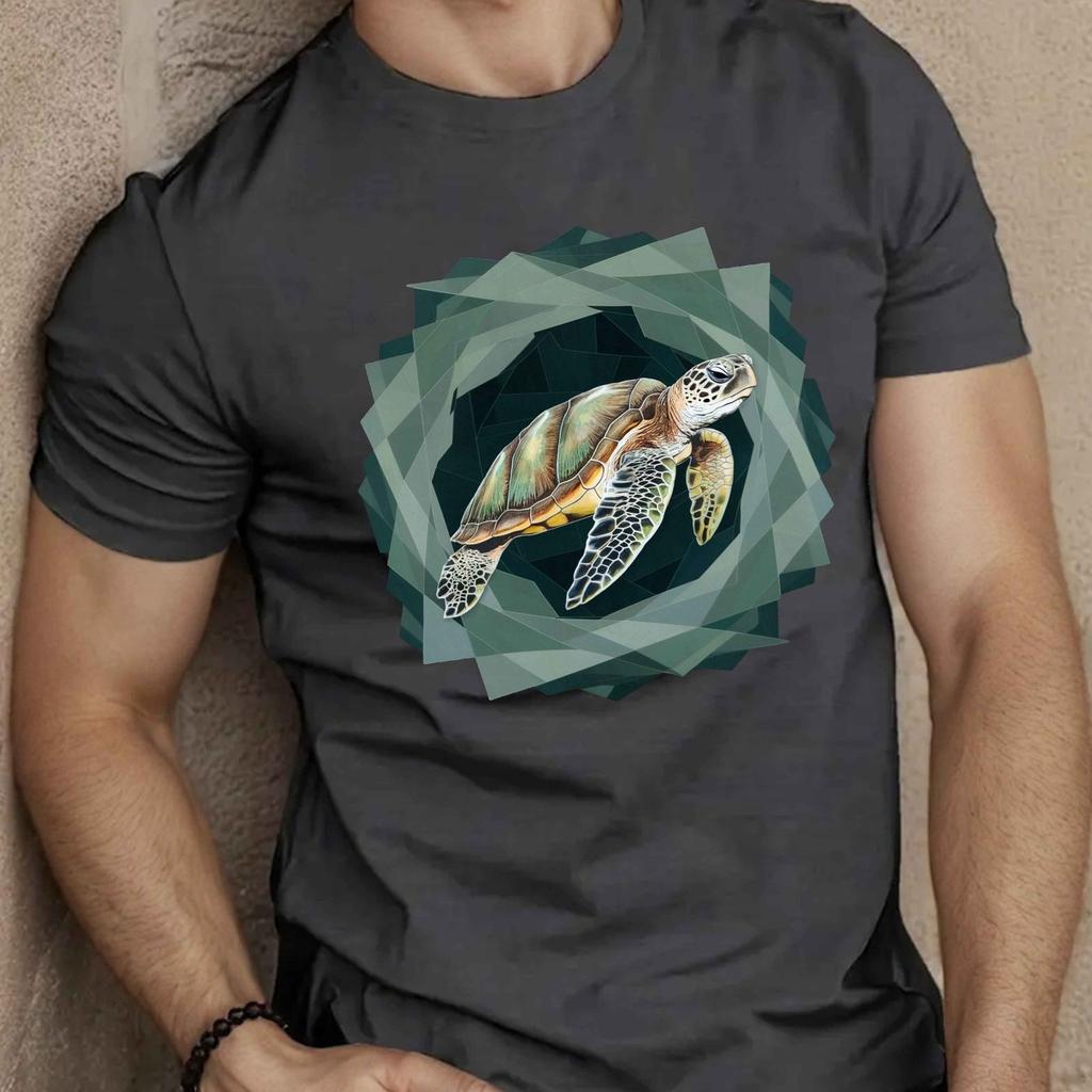 Geometric Sea Turtle Graphic Tee Men Casual Summer Short Sleeve Breathable Cotton TShirt