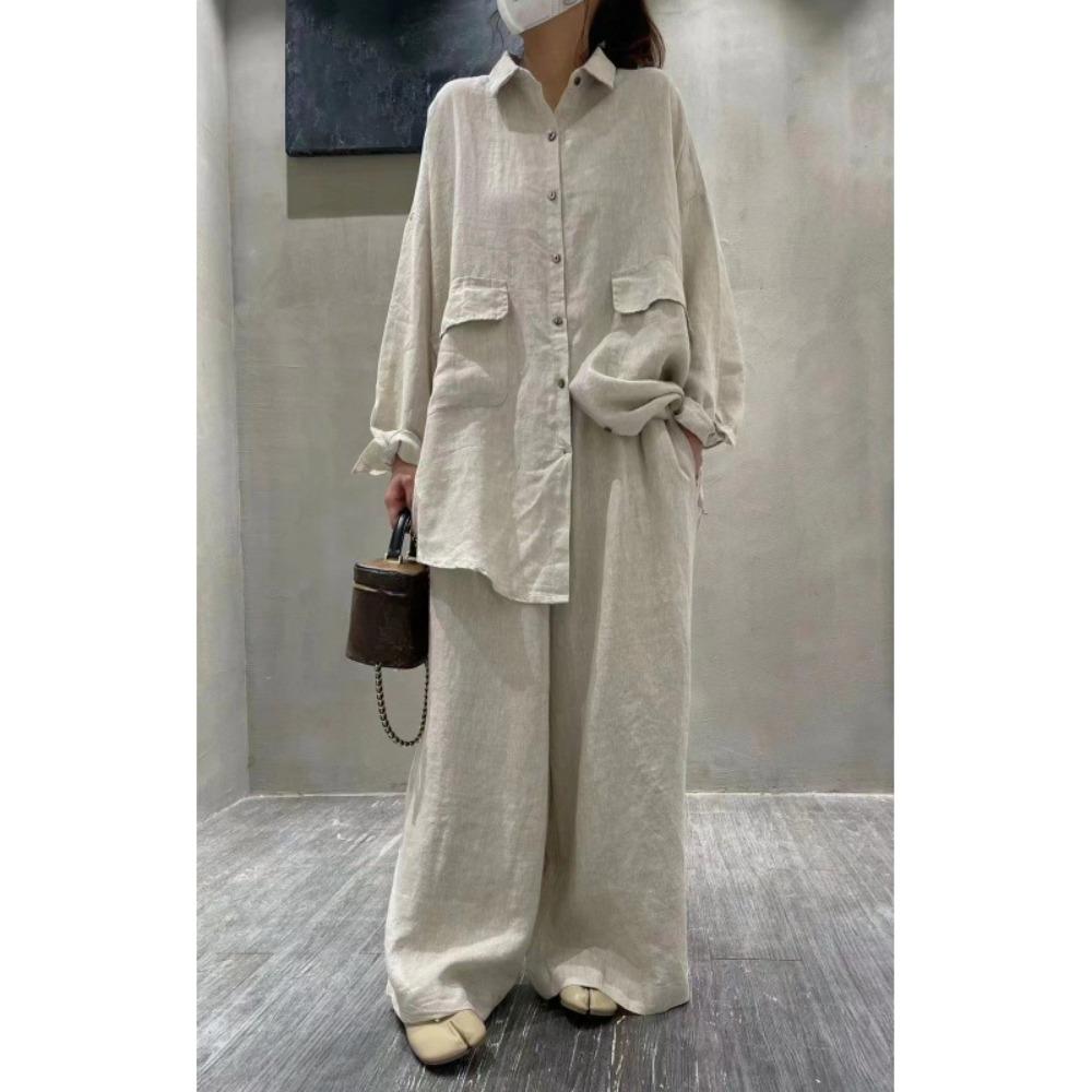 

Женский модный льняной костюм рубашка + повседневные брюки большого размера однотонная темпераментная рубашка повседневный костюм One size бежевый