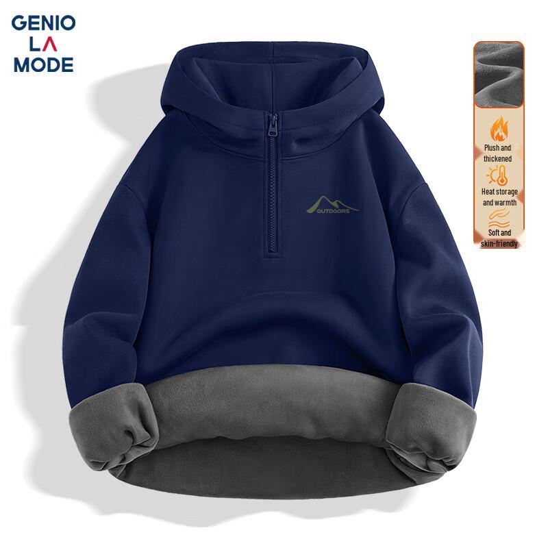 GENIOLAMODE Herren Fleece-Sweatshirt mit Kapuze und halbem Reißverschluss