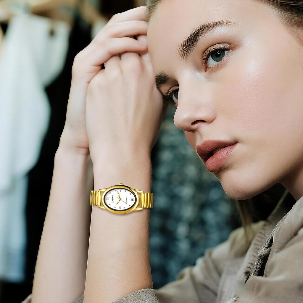 Women's Gold Watch with Accordion Strap, Waterproof: Stylish Analog Display, One Size Fits Most, Stainless Steel Strap, Quartz Watch, Fashion