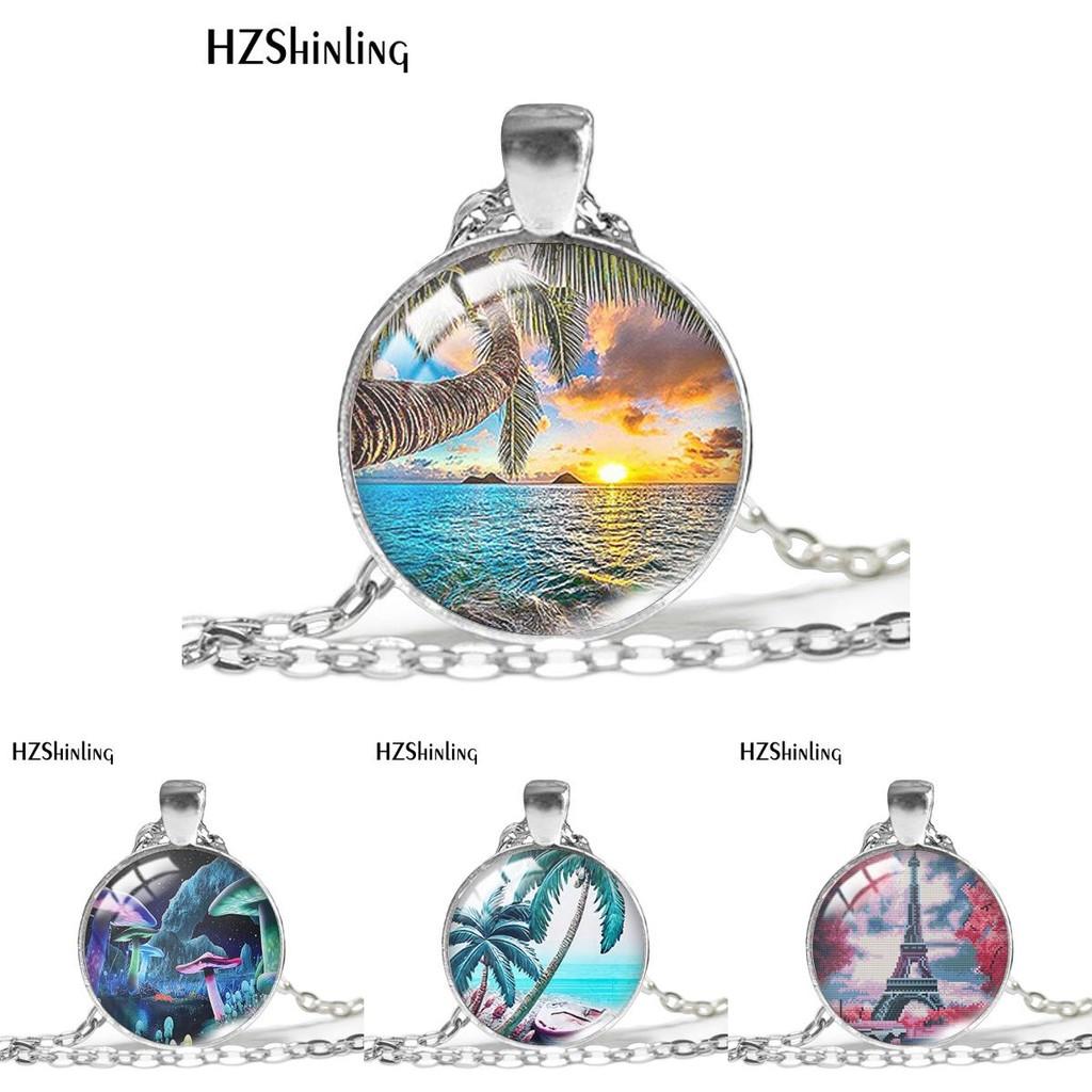 Stylish Silver Chain Necklace With Unique Eiffel Tower And Seaside Palm Tree Pendant