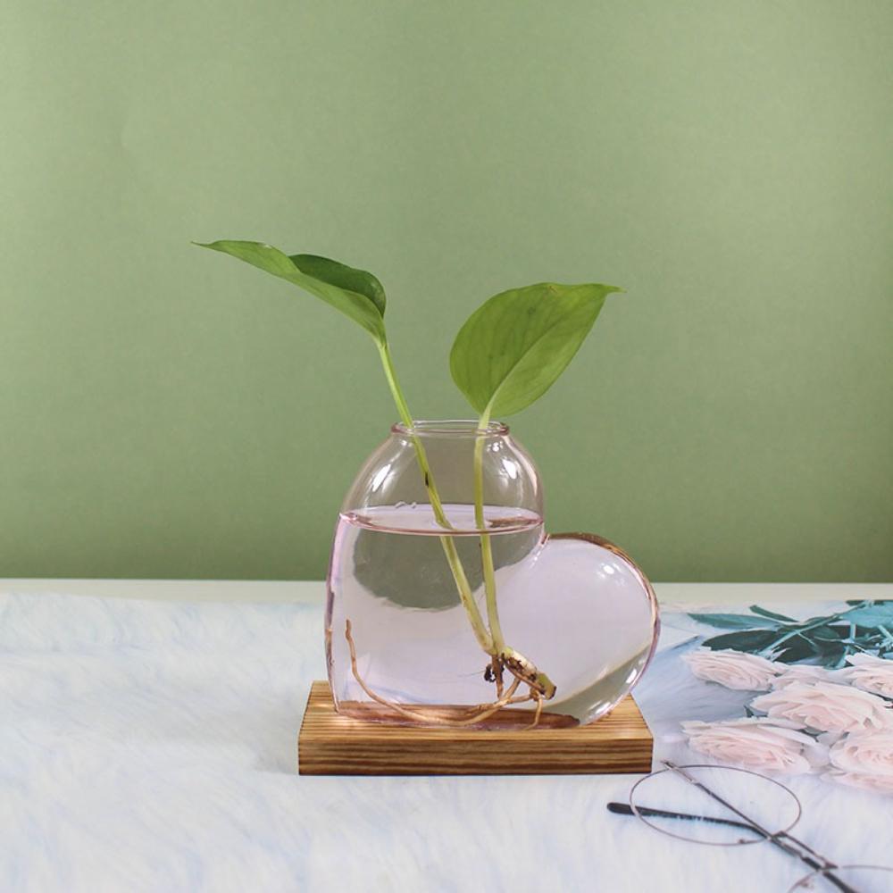 Colorful Love Shaped Glass Vase with Wooden Hydroponic Flower Plants Vase Desktop Ornament Living Room Office Decoration