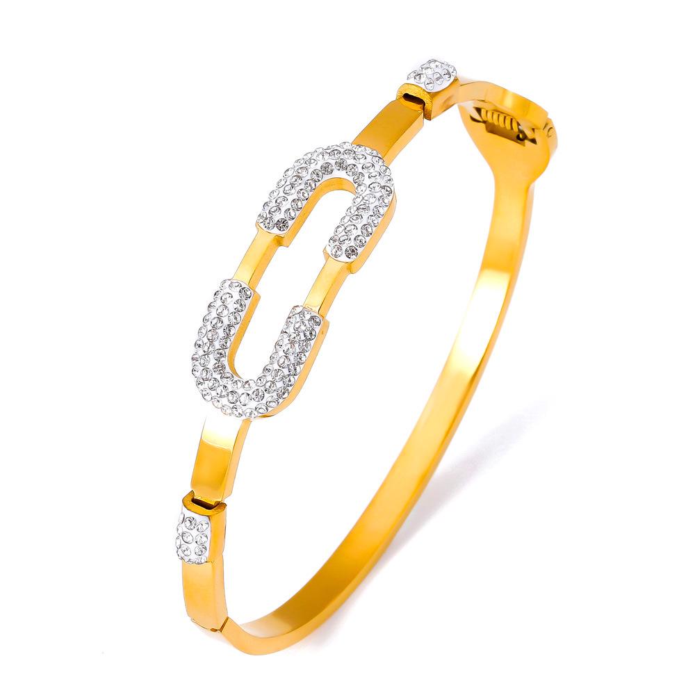 Minimalist European-American Gold-Plated Titanium Steel Bangle with Geometric Design and Diamond Detailing