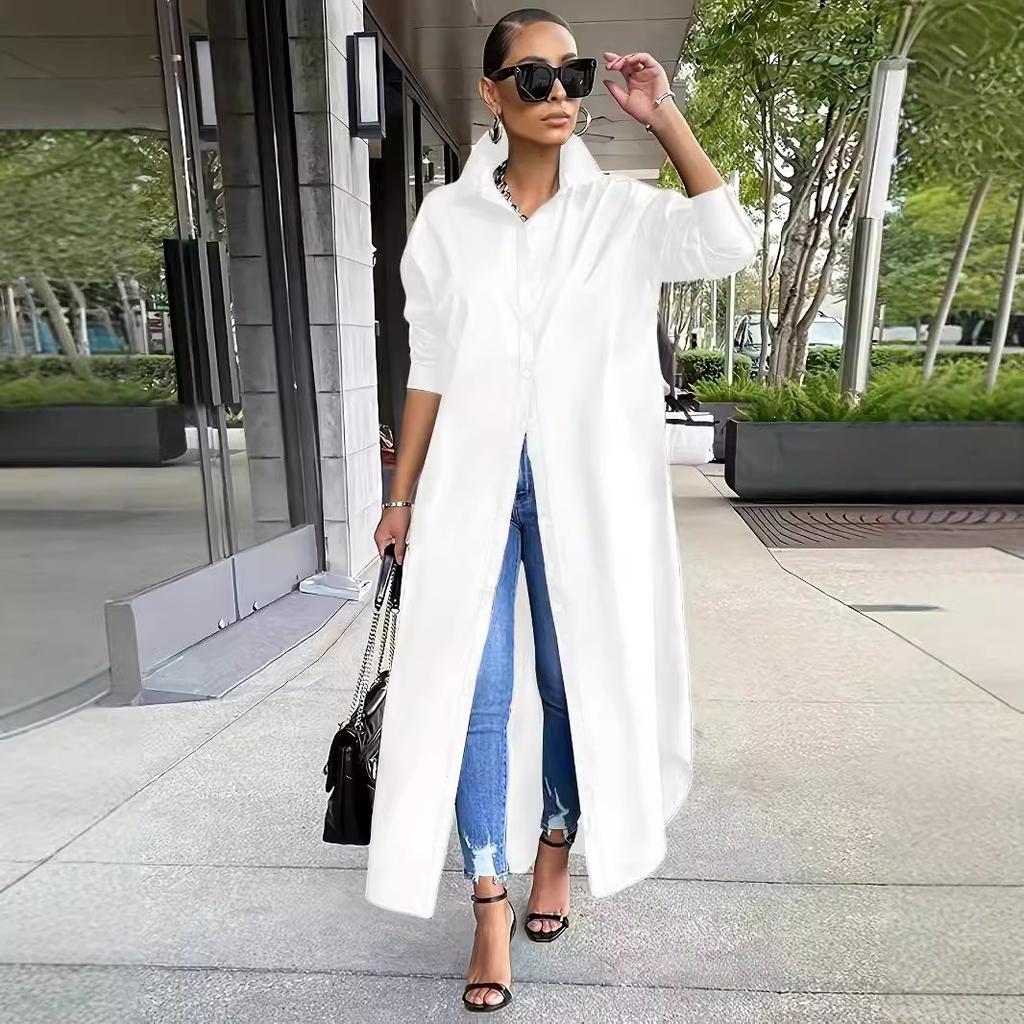 Women Lapel Collar Maxi Shirt Dress Long Sleeve Oversized Open Front Loose Casual Streetwear Tunic Cover‑Up Blouse