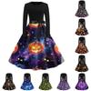 Women's Long Sleeve Round Neck Dress Halloween Print Casual Dress with A-Line Skirt and Waist Tie for Seasonal Occasion