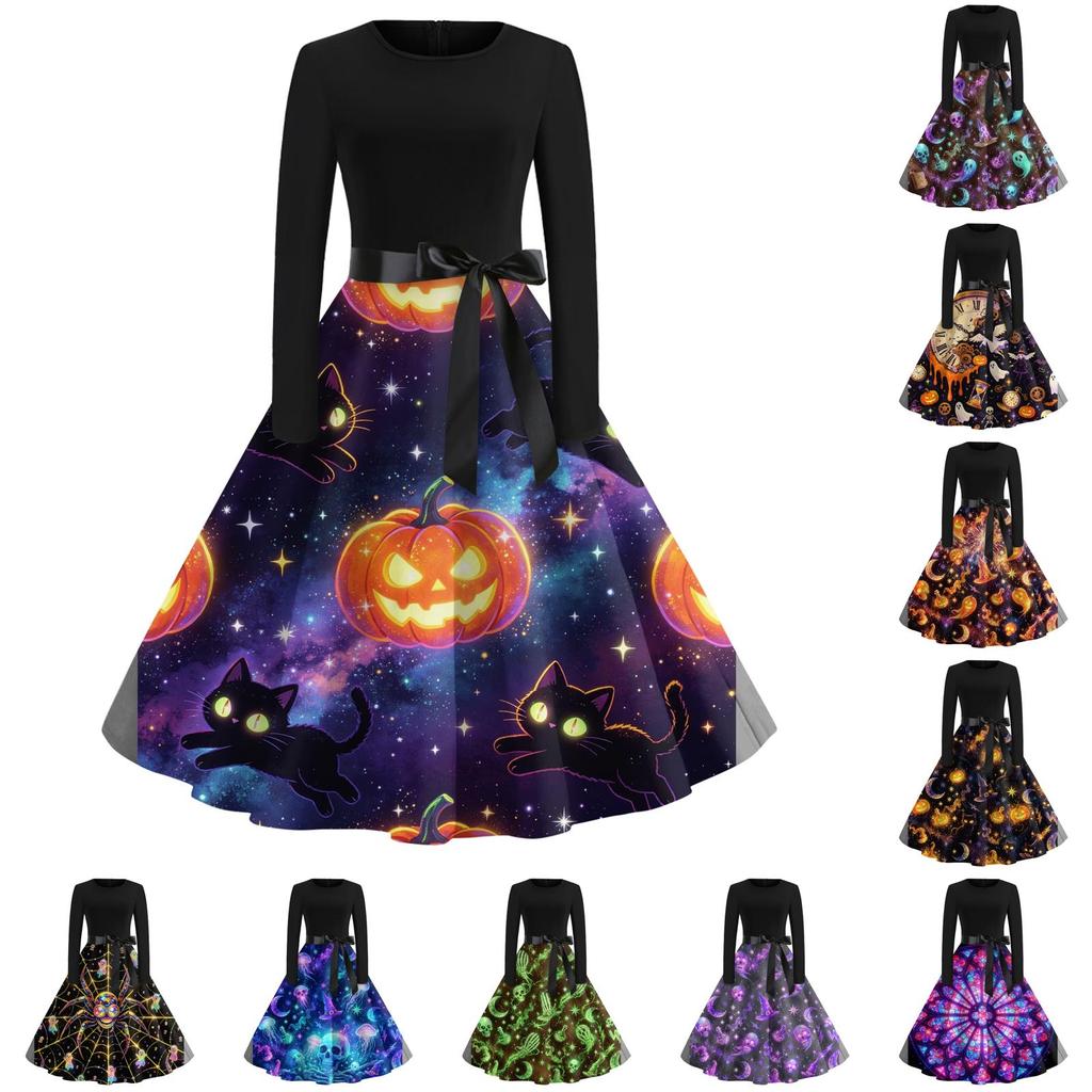 Women's Long Sleeve Round Neck Dress Halloween Print Casual Dress with A-Line Skirt and Waist Tie for Seasonal Occasion