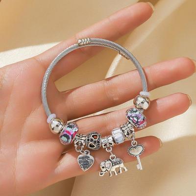 Panjia DIY Beaded Elephant & Tree of Life Stainless Steel Bracelet