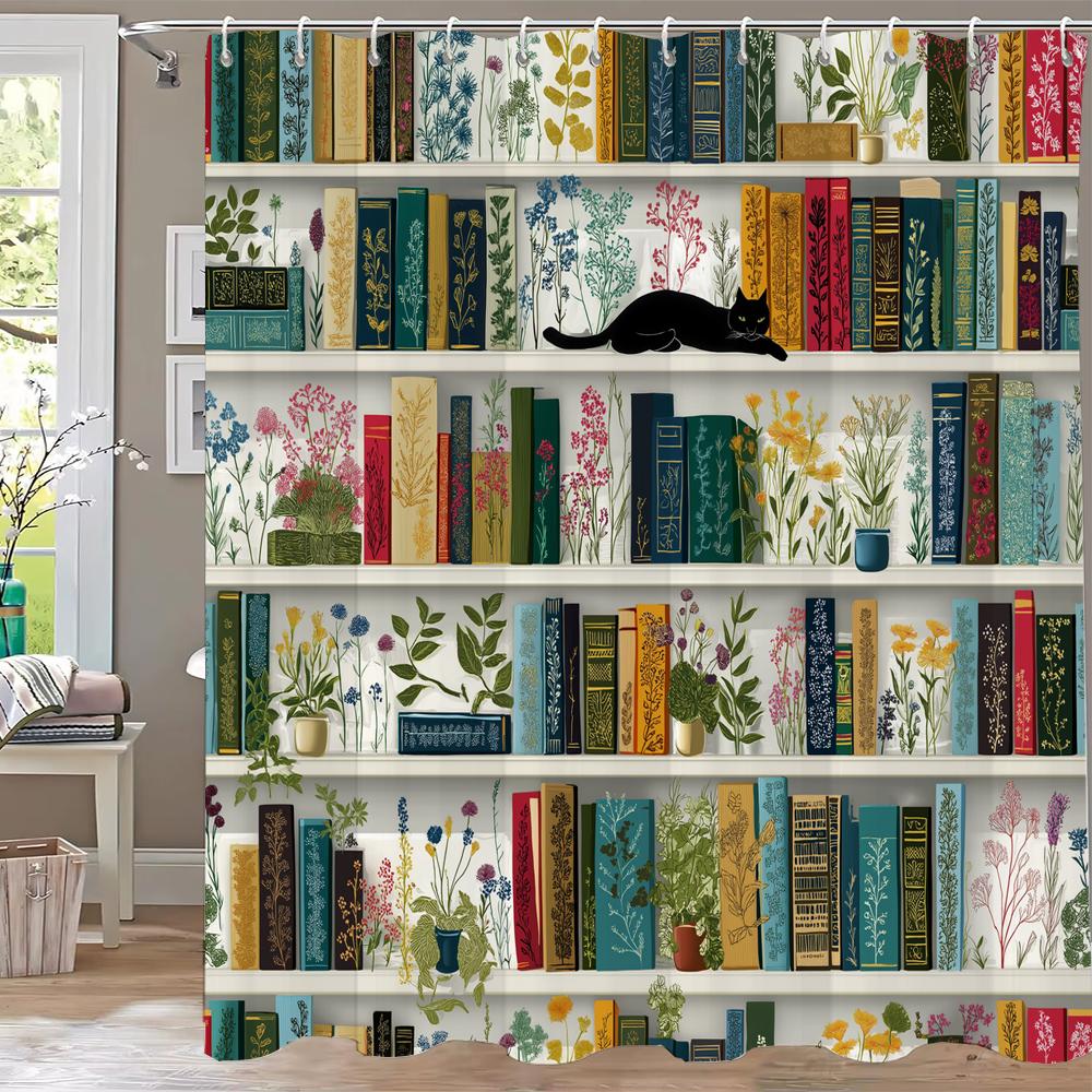 1 Stück Europäischer Retro Bücherregal Druck Duschvorhang Trennwand Sichtschutz Hängender Badezimmervorhang Mit Haken Dekoration Vorhang
