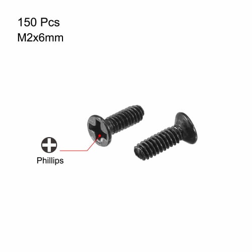 uxcell M2 X 6mm Flat Head Screws, Phillips Head Fasteners, Black, for Laptops, PCs, TVs, Fans, Audio Switches, 150pcs