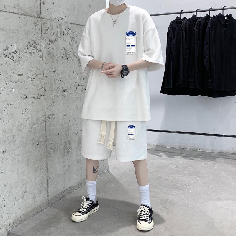 

Men s Trendy Summer Waffle Sports Set: Loose-Fit Short Sleeve & Shorts Two-Piece 4XL белый
