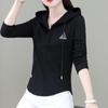 Spring and Summer Hooded Slim Long Sleeve Korean Version Spliced Pockets Solid Color Zipper Commute Fashion Causal T-shirt
