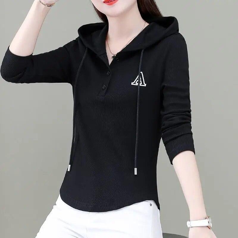 Spring and Summer Hooded Slim Long Sleeve Korean Version Spliced Pockets Solid Color Zipper Commute Fashion Causal T-shirt