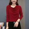Women's Spring Fashion Tie Flowers Solid Pill Collar Long Sleeve Pullover Ruched Bright Silk Loose T-shirts Bottom Tops